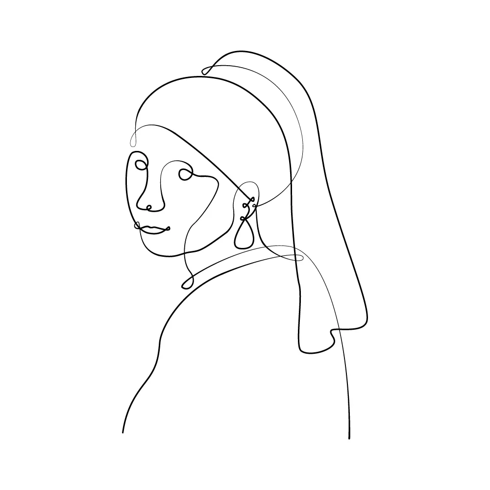 The painting 'Girl with a Pearl Earring' of Johannes (Jan) Vermerr as a continuous line art